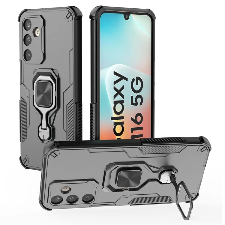 Чехол для Samsung Galaxy M16 5G с поворотным кольцом-подставкой, ПК + TPU, противоударный - Черный