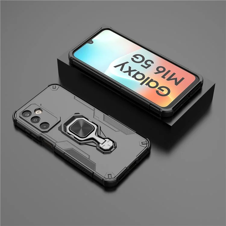 Чехол для Samsung Galaxy M16 5G с поворотным кольцом-подставкой, ПК + TPU, противоударный - Черный