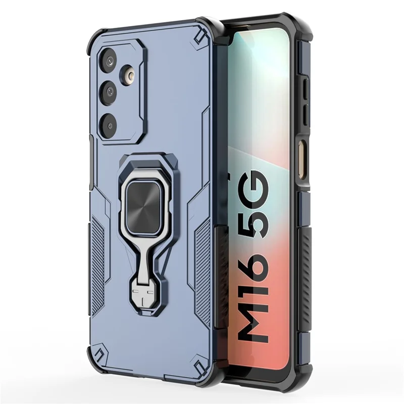 For Samsung Galaxy M16 5G Case Rotatable Ring Kickstand PC + TPU Shockproof Phone Cover - Navy Blue