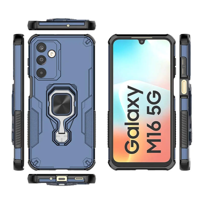 For Samsung Galaxy M16 5G Case Rotatable Ring Kickstand PC + TPU Shockproof Phone Cover - Navy Blue