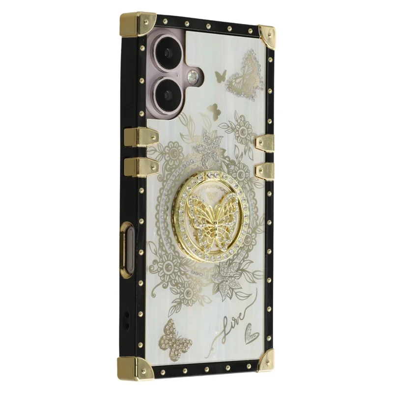 For iPhone 16 Plus Cases Rhinestone Decor Butterfly Pattern TPU + PC Phone Cover - White