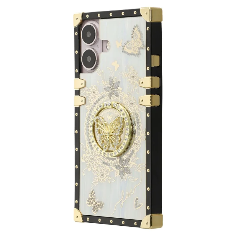 For iPhone 16 Plus Cases Rhinestone Decor Butterfly Pattern TPU + PC Phone Cover - White