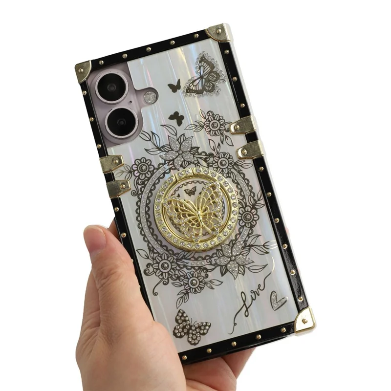 For iPhone 16 Plus Cases Rhinestone Decor Butterfly Pattern TPU + PC Phone Cover - White