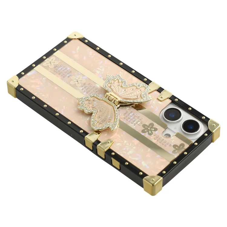 For iPhone 16 Plus Case TPU + PC Electroplated Butterfly Kickstand Phone Cover - Pink