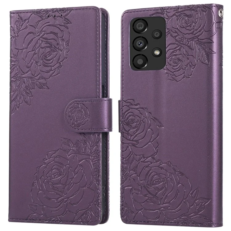 Cover per Samsung Galaxy A33 5G a Portafogli in Pelle PU con Fiore di Rosa e 3 Slot per Carte - Viola Scuro