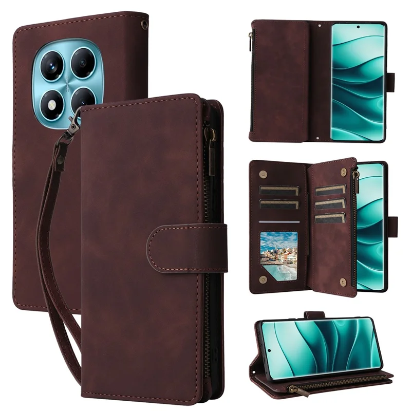 For Xiaomi Redmi Note 14 Pro 4G Case Zipper Wallet Multiple Card Slots Leather Phone Cover - Coffee