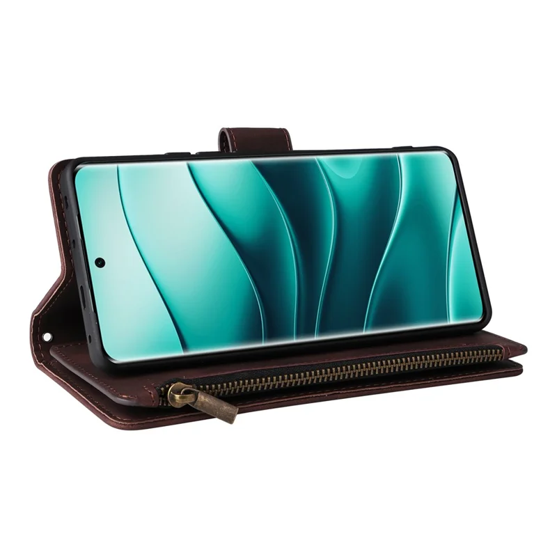 For Xiaomi Redmi Note 14 Pro 4G Case Zipper Wallet Multiple Card Slots Leather Phone Cover - Coffee