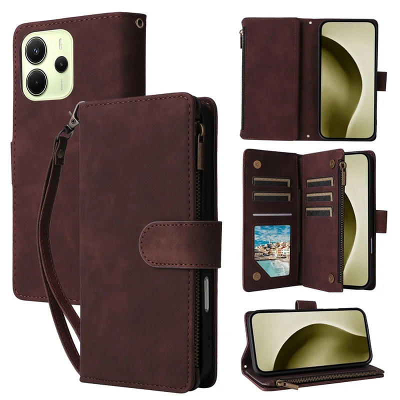 For Xiaomi Redmi Note 14 4G (164.84mm) Case Zipper Wallet Multiple Card Slots Leather Phone Cover - Coffee