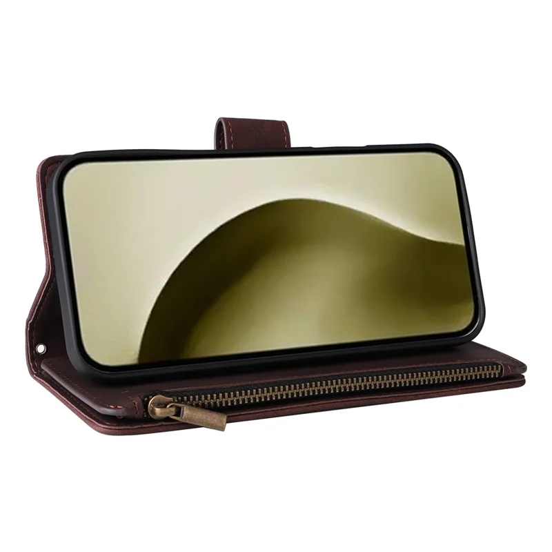 For Xiaomi Redmi Note 14 4G (164.84mm) Case Zipper Wallet Multiple Card Slots Leather Phone Cover - Coffee