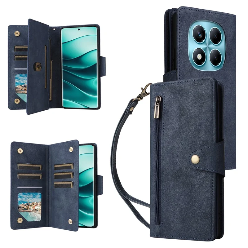Für Xiaomi Redmi Note 14 Pro 4G Hülle Reißverschluss-Geldbörse Leder Ständer Handyhülle mit Nieten-Dekoration - Blau