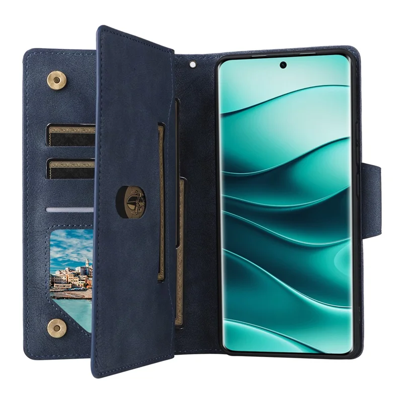Für Xiaomi Redmi Note 14 Pro 4G Hülle Reißverschluss-Geldbörse Leder Ständer Handyhülle mit Nieten-Dekoration - Blau