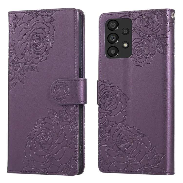 Pour Samsung Galaxy A23 5G (Version Globale) / Étui A23 4G Fleur Rose en Cuir PU Portefeuille pour Téléphone avec 3 Emplacements pour Cartes - Violet Foncé