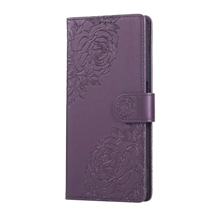Pour Samsung Galaxy A23 5G (Version Globale) / Étui A23 4G Fleur Rose en Cuir PU Portefeuille pour Téléphone avec 3 Emplacements pour Cartes - Violet Foncé