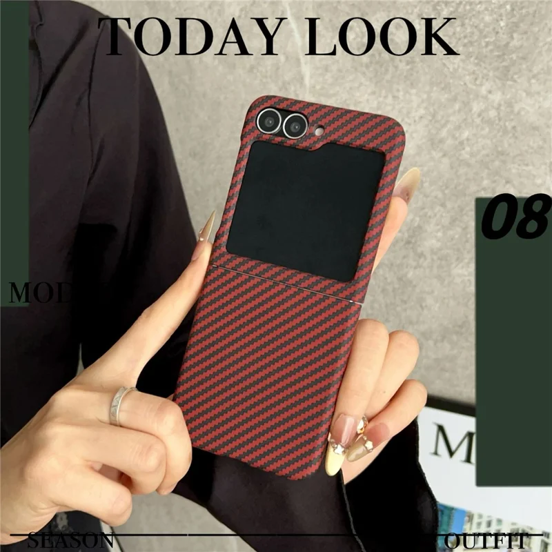 Capa Magnética para Samsung Galaxy Z Flip6 5G com Textura de Fibra de Carbono, Slim à Prova de Choque, PC - Vermelho