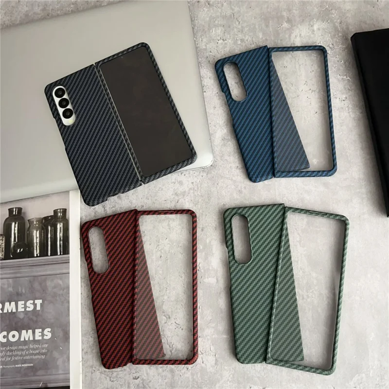 For Samsung Galaxy Z Fold3 5G Magnetic Case Carbon Fiber Texture PC Phone Cover with Screen Protector - Black