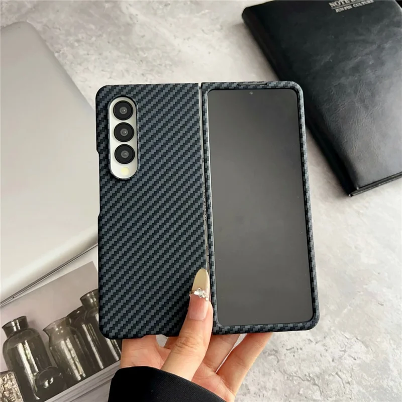 For Samsung Galaxy Z Fold3 5G Magnetic Case Carbon Fiber Texture PC Phone Cover with Screen Protector - Black