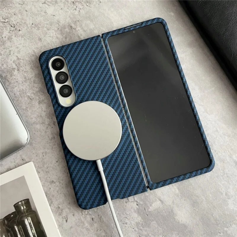 For Samsung Galaxy Z Fold3 5G Magnetic Case Carbon Fiber Texture PC Phone Cover with Screen Protector - Black