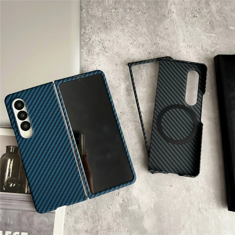 For Samsung Galaxy Z Fold3 5G Magnetic Case Carbon Fiber Texture PC Phone Cover with Screen Protector - Black