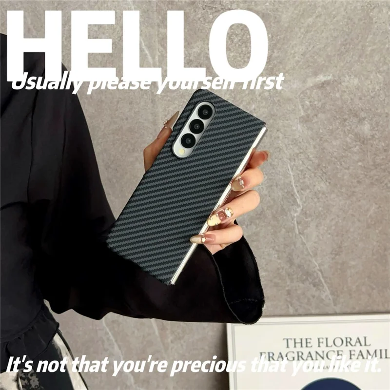 For Samsung Galaxy Z Fold3 5G Magnetic Case Carbon Fiber Texture PC Phone Cover with Screen Protector - Black