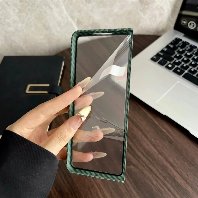 For Samsung Galaxy Z Fold4 5G Magnetic Case Carbon Fiber Texture PC Phone Cover with Screen Protector - Blue