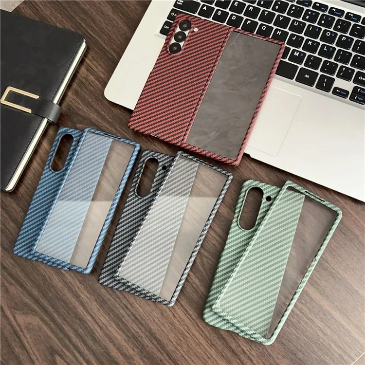 For Samsung Galaxy Z Fold5 5G Magnetic Case Carbon Fiber Texture PC Phone Cover with Screen Protector - Black