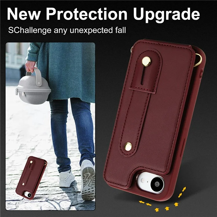 Étui pour iPhone 16e avec Support, Emplacements pour Cartes, Revêtement en Cuir, Coque TPU avec Bandoulière - Rouge Vin