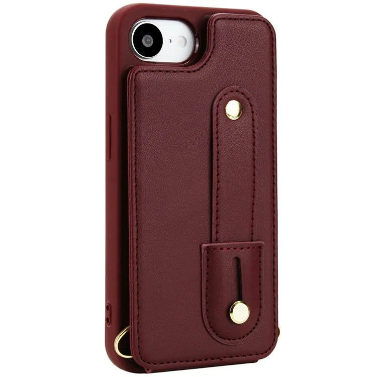 Étui pour iPhone 16e avec Support, Emplacements pour Cartes, Revêtement en Cuir, Coque TPU avec Bandoulière - Rouge Vin