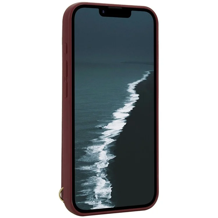 Étui pour iPhone 16e avec Support, Emplacements pour Cartes, Revêtement en Cuir, Coque TPU avec Bandoulière - Rouge Vin