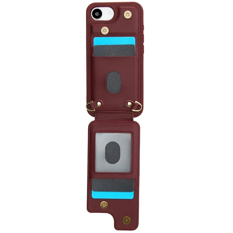 Étui pour iPhone 16e avec Support, Emplacements pour Cartes, Revêtement en Cuir, Coque TPU avec Bandoulière - Rouge Vin