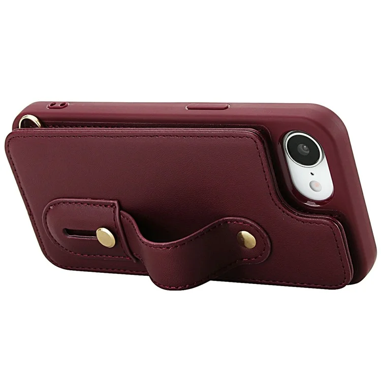 Étui pour iPhone 16e avec Support, Emplacements pour Cartes, Revêtement en Cuir, Coque TPU avec Bandoulière - Rouge Vin