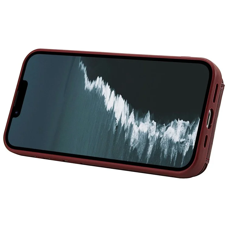 Étui pour iPhone 16e avec Support, Emplacements pour Cartes, Revêtement en Cuir, Coque TPU avec Bandoulière - Rouge Vin