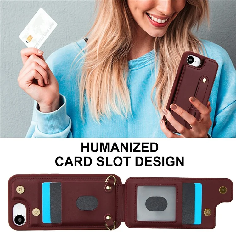 Étui pour iPhone 16e avec Support, Emplacements pour Cartes, Revêtement en Cuir, Coque TPU avec Bandoulière - Rouge Vin