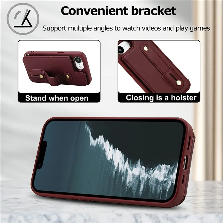 Étui pour iPhone 16e avec Support, Emplacements pour Cartes, Revêtement en Cuir, Coque TPU avec Bandoulière - Rouge Vin