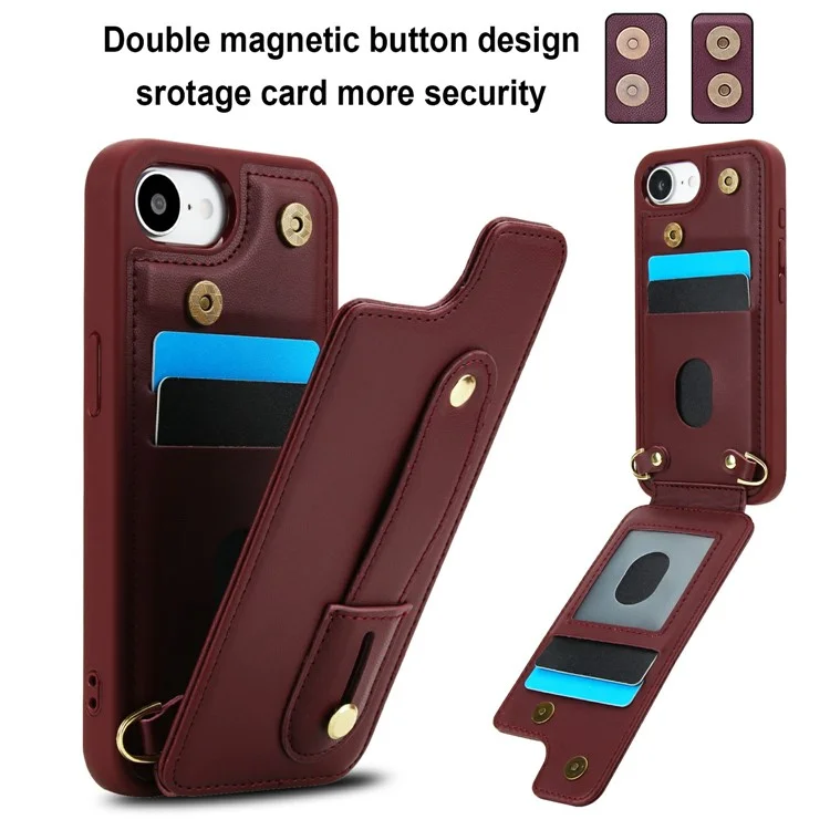 Étui pour iPhone 16e avec Support, Emplacements pour Cartes, Revêtement en Cuir, Coque TPU avec Bandoulière - Rouge Vin