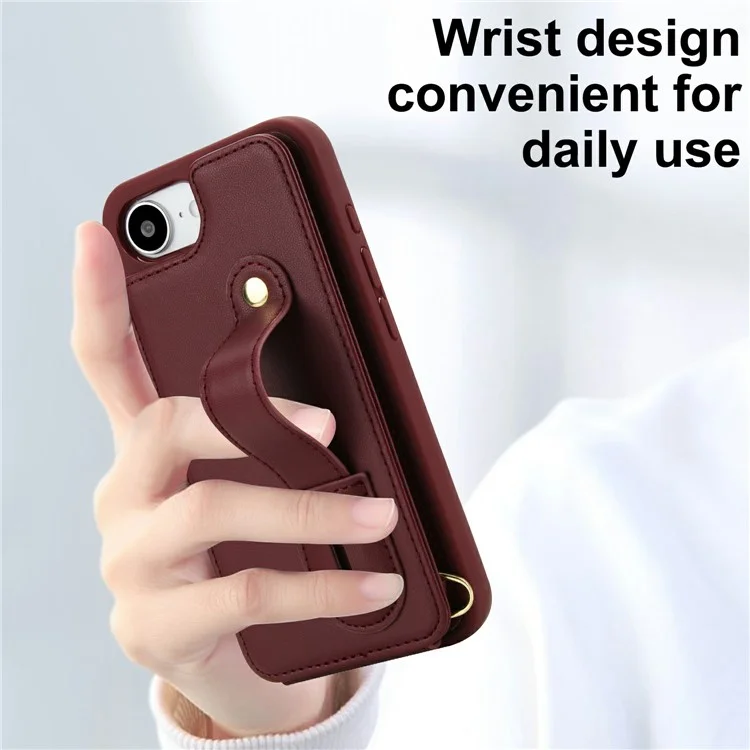 Étui pour iPhone 16e avec Support, Emplacements pour Cartes, Revêtement en Cuir, Coque TPU avec Bandoulière - Rouge Vin
