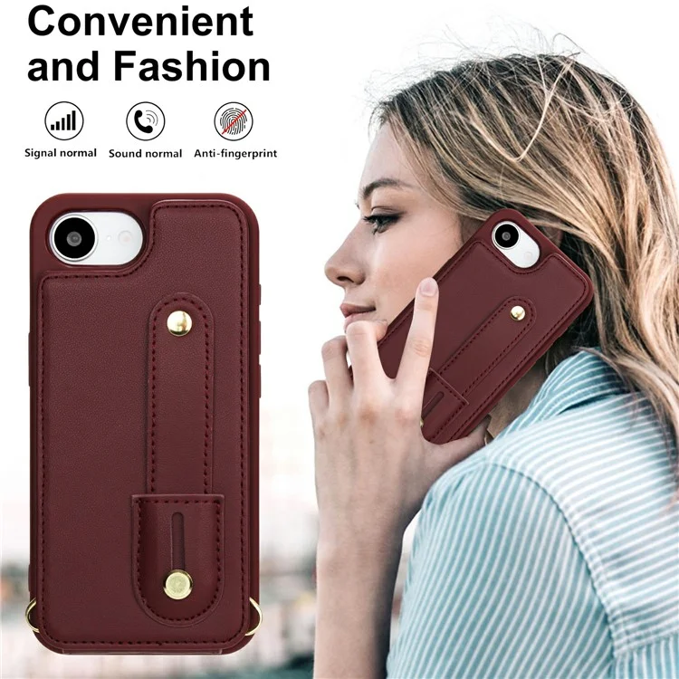 Étui pour iPhone 16e avec Support, Emplacements pour Cartes, Revêtement en Cuir, Coque TPU avec Bandoulière - Rouge Vin