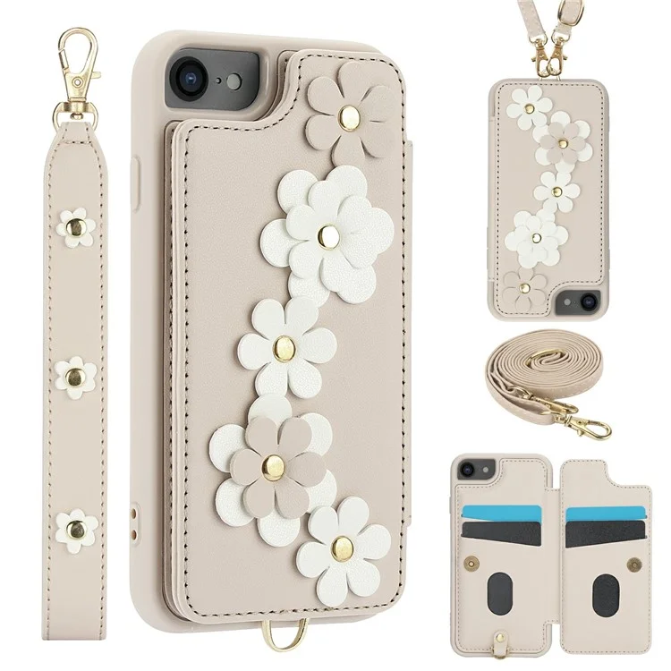 SY-001 For iPhone 16e Case Card Slots Leather Coated TPU Flower Phone Cover - Beige