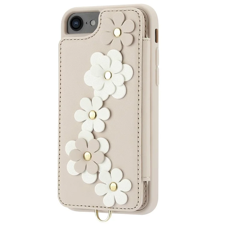 SY-001 For iPhone 16e Case Card Slots Leather Coated TPU Flower Phone Cover - Beige