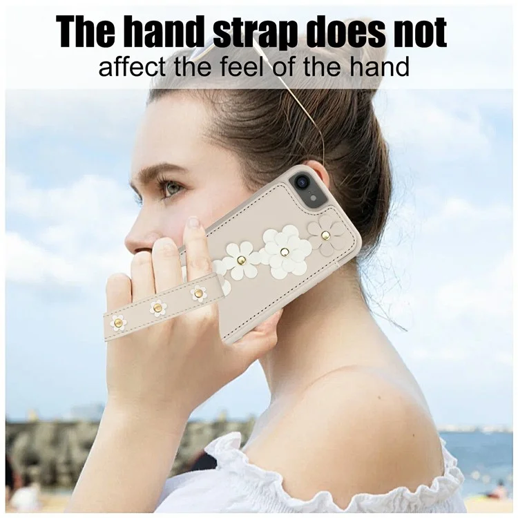 SY-001 For iPhone 16e Case Card Slots Leather Coated TPU Flower Phone Cover - Beige