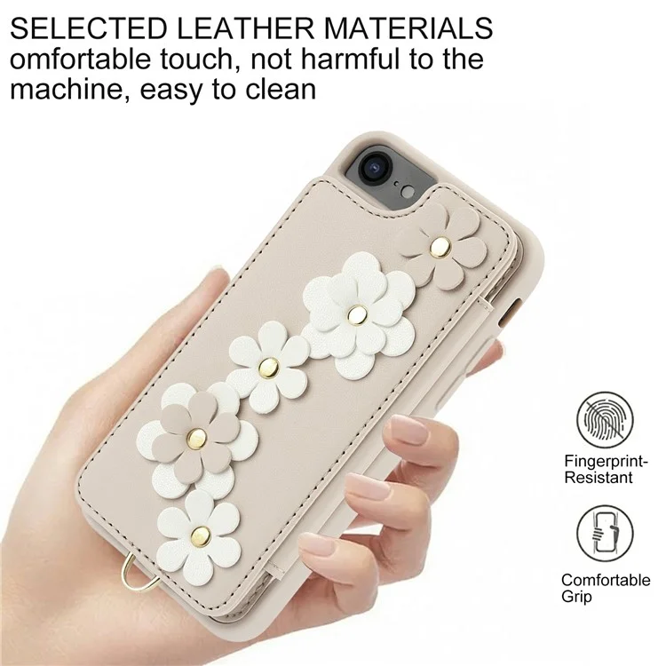 SY-001 For iPhone 16e Case Card Slots Leather Coated TPU Flower Phone Cover - Beige