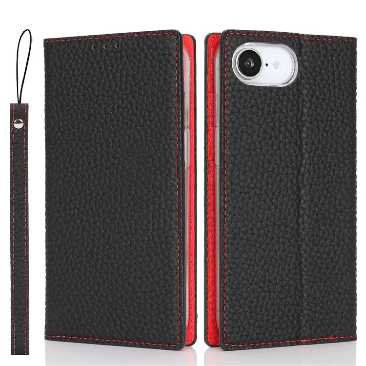 Étui portefeuille en cuir de vache véritable pour iPhone 16e - Texture de litchi - Noir