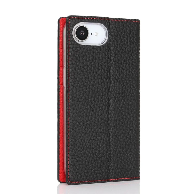 Étui portefeuille en cuir de vache véritable pour iPhone 16e - Texture de litchi - Noir