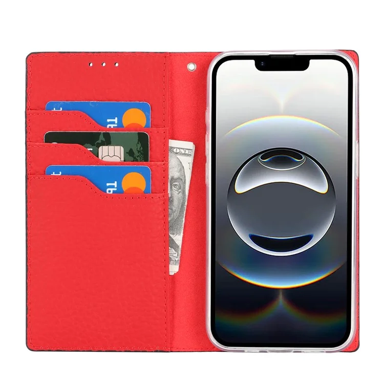 Étui portefeuille en cuir de vache véritable pour iPhone 16e - Texture de litchi - Noir