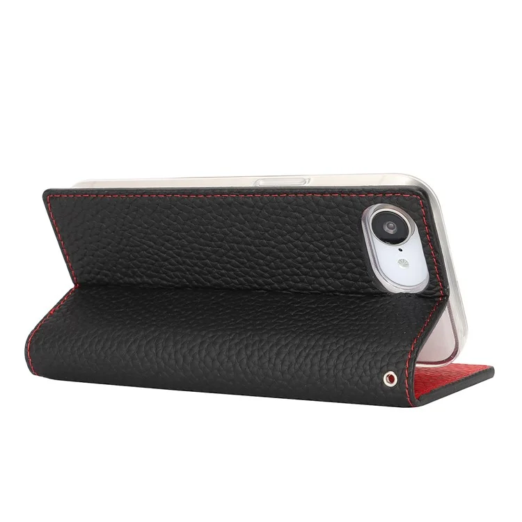 Étui portefeuille en cuir de vache véritable pour iPhone 16e - Texture de litchi - Noir