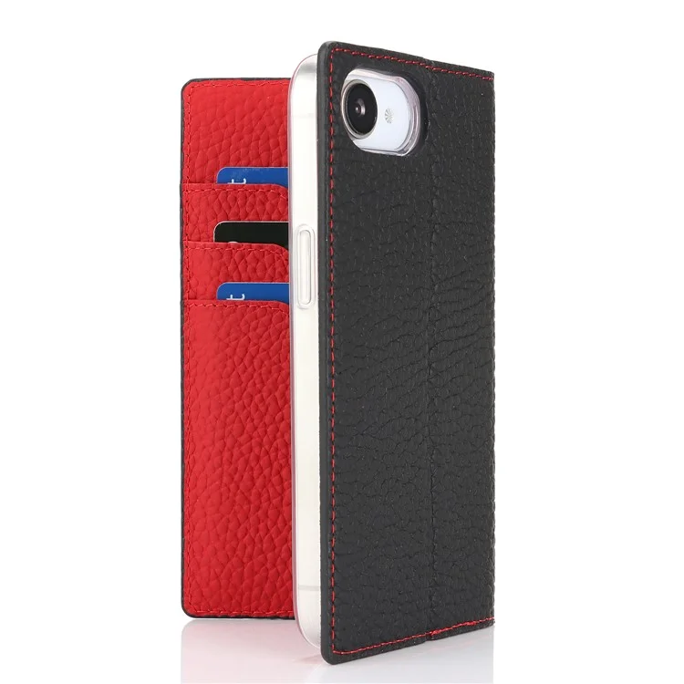 Étui portefeuille en cuir de vache véritable pour iPhone 16e - Texture de litchi - Noir