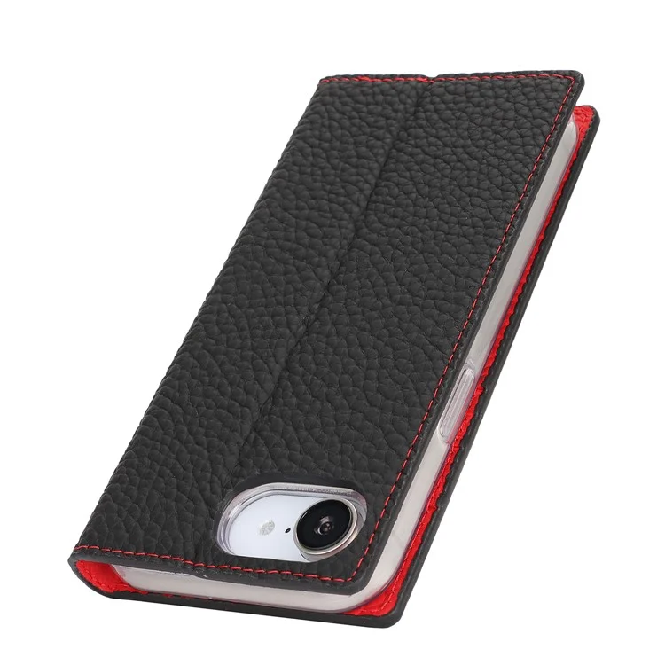 Étui portefeuille en cuir de vache véritable pour iPhone 16e - Texture de litchi - Noir