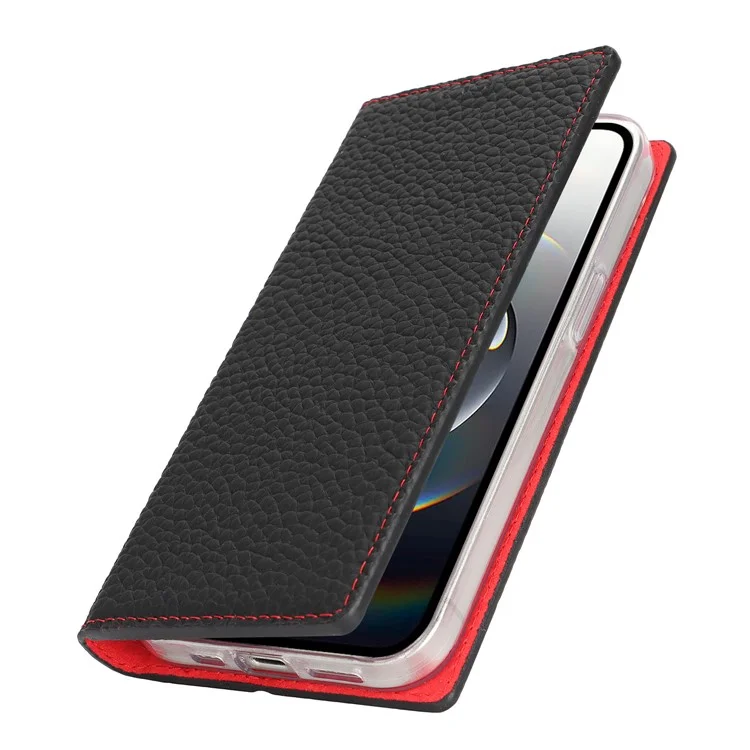 Étui portefeuille en cuir de vache véritable pour iPhone 16e - Texture de litchi - Noir