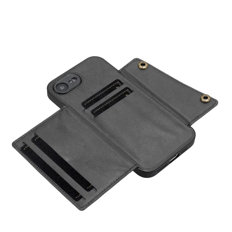 For iPhone 16e Case with Card Slots Kickstand Leather + TPU Phone Cover - Black