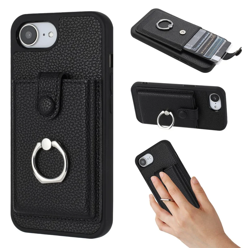 For iPhone 16e Case with Ring Kickstand Drawing Type Card Slots Leather Back Cover - Black
