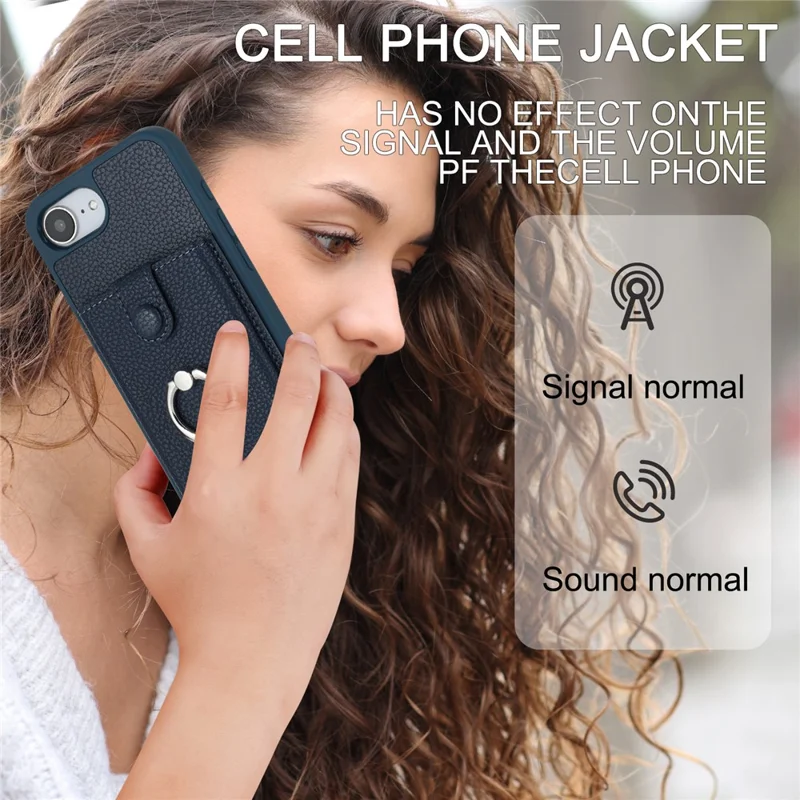 For iPhone 16e Case with Ring Kickstand Drawing Type Card Slots Leather Back Cover - Black